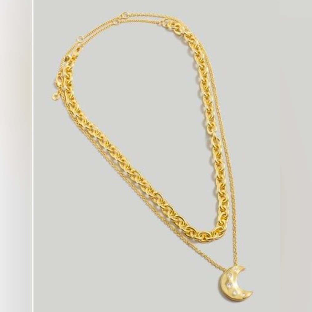 Madewell Metallic Celestial Moon Crystal Layered Pendant Necklace Gold NWT 48$ - Picture 5 of 7